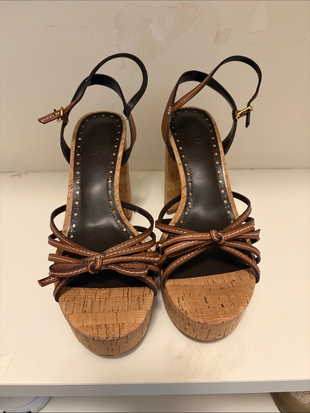 Aqua Brown Cork Platform Sandals with Ankle Strap